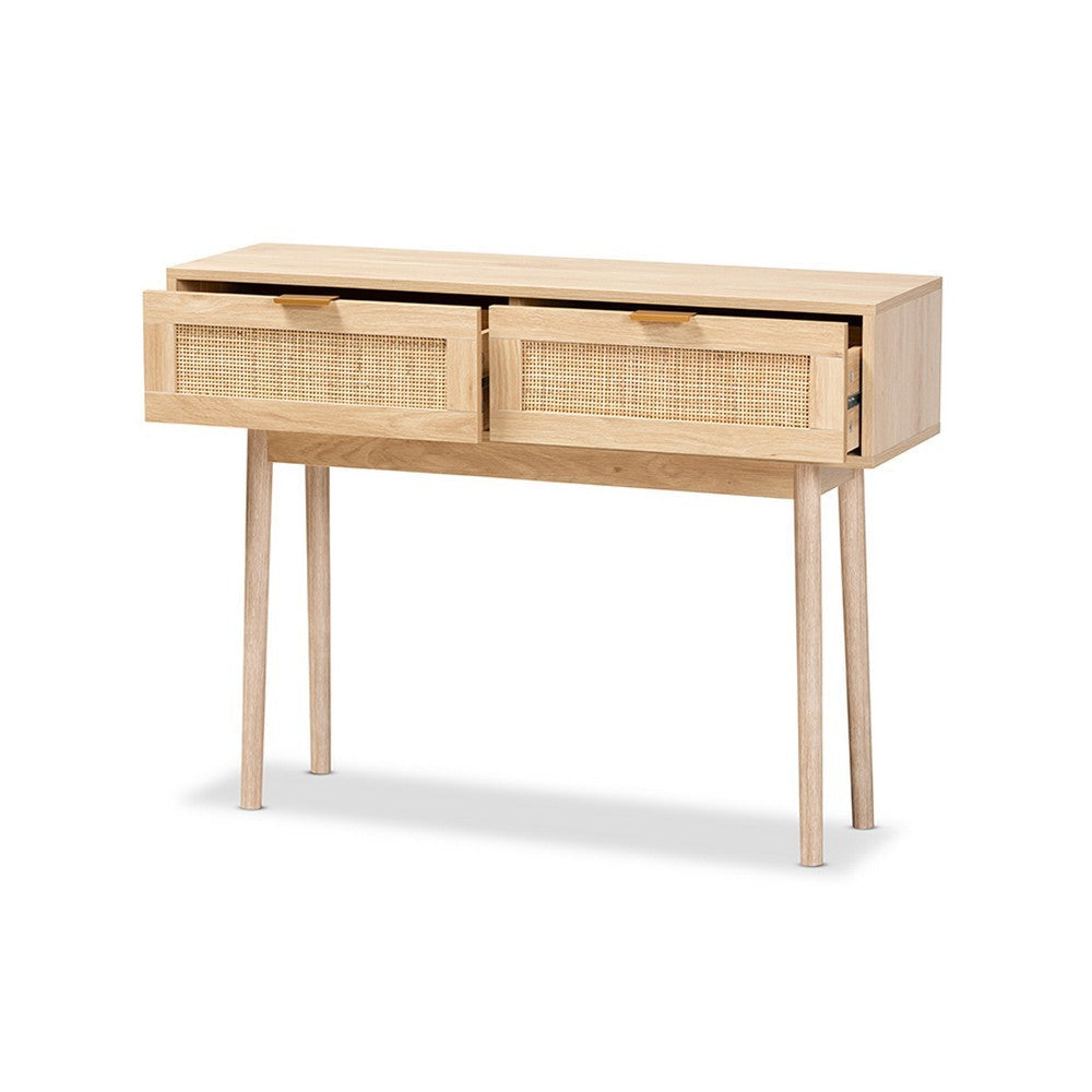 Baxton Studio Baird Mid-Century Modern Light Oak Brown Finished Wood and Rattan 2-Drawer Console Table WHI-SR191632-Rattan-Console