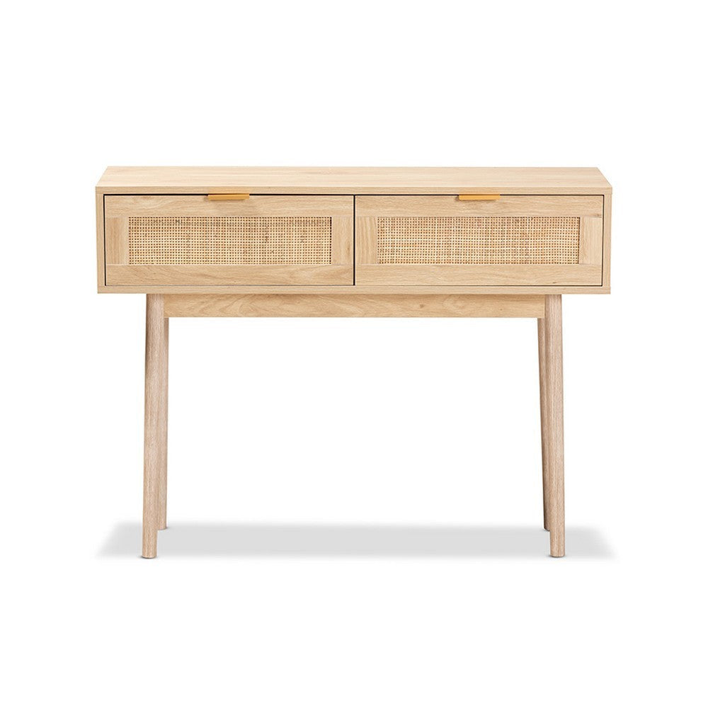Baxton Studio Baird Mid-Century Modern Light Oak Brown Finished Wood and Rattan 2-Drawer Console Table WHI-SR191632-Rattan-Console