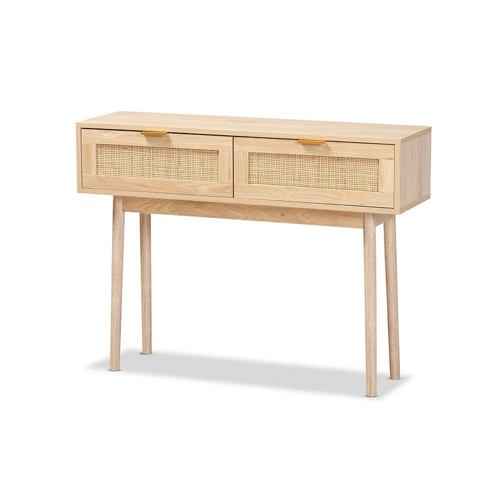 Baxton Studio Baird Mid-Century Modern Light Oak Brown Finished Wood and Rattan 2-Drawer Console Table WHI-SR191632-Rattan-Console