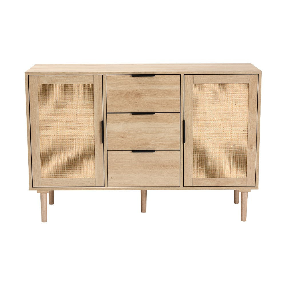 Baxton Studio Harrison Mid-Century Modern Natural Brown Finished Wood and Natural Rattan 3-Drawer Sideboard WHI-SR191635-Cabinet
