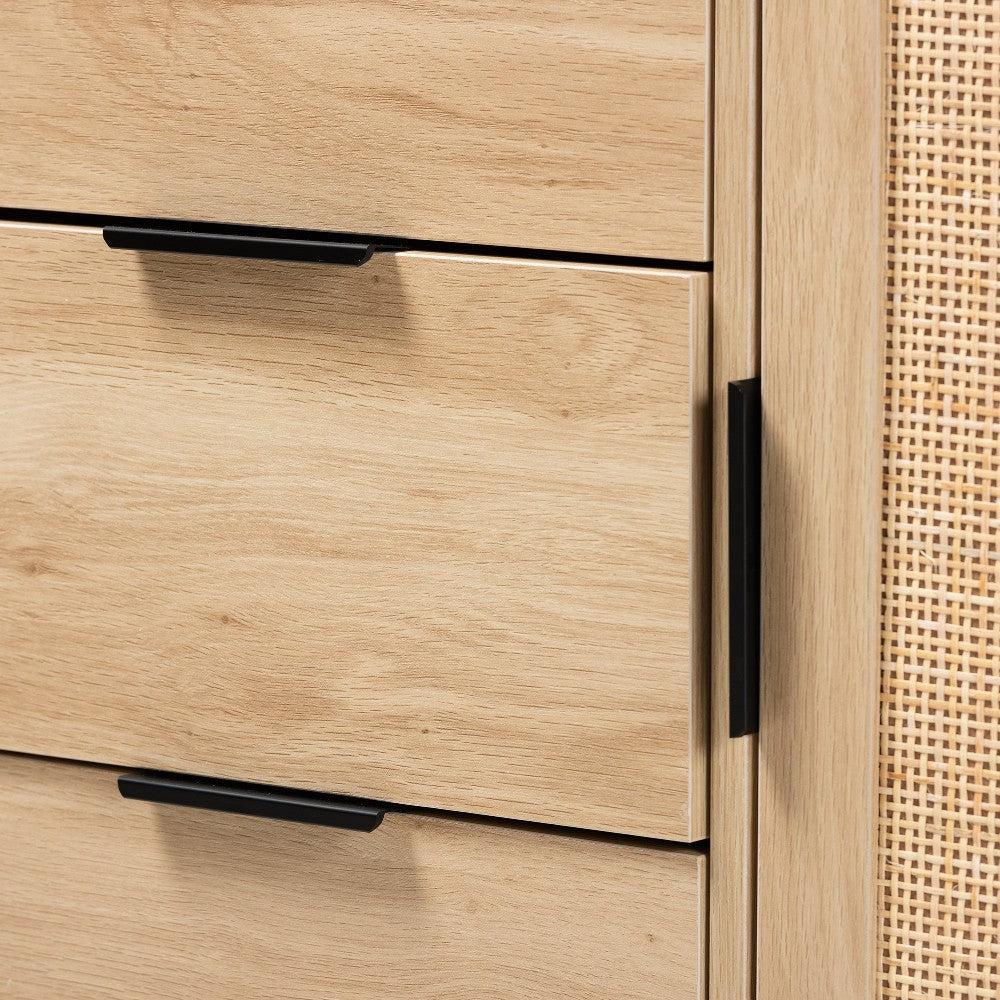 Baxton Studio Harrison Mid-Century Modern Natural Brown Finished Wood and Natural Rattan 3-Drawer Sideboard WHI-SR191635-Cabinet