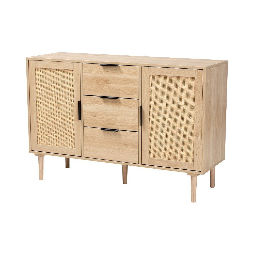 Baxton Studio Harrison Mid-Century Modern Natural Brown Finished Wood and Natural Rattan 3-Drawer Sideboard WHI-SR191635-Cabinet