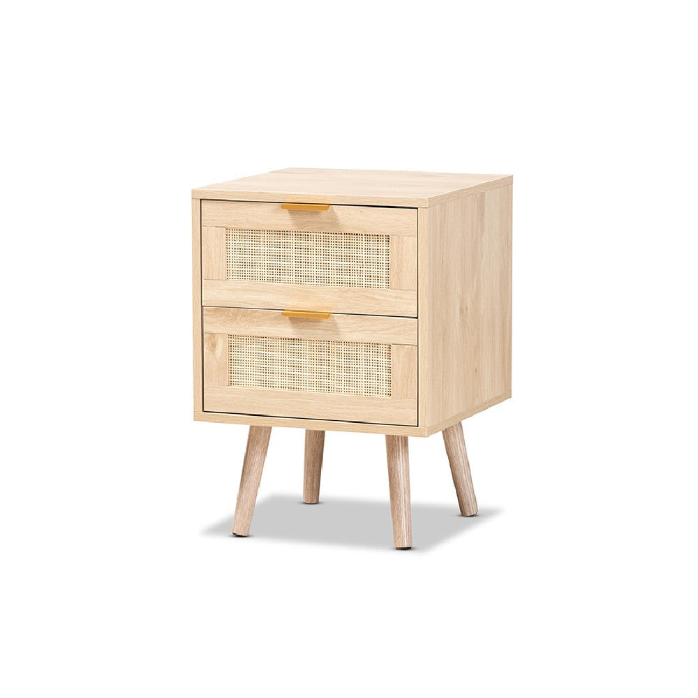 Baxton Studio Baird Mid-Century Modern Light Oak Brown Finished Wood and Rattan 2-Drawer End Table WHI-SR196128-Rattan-ET