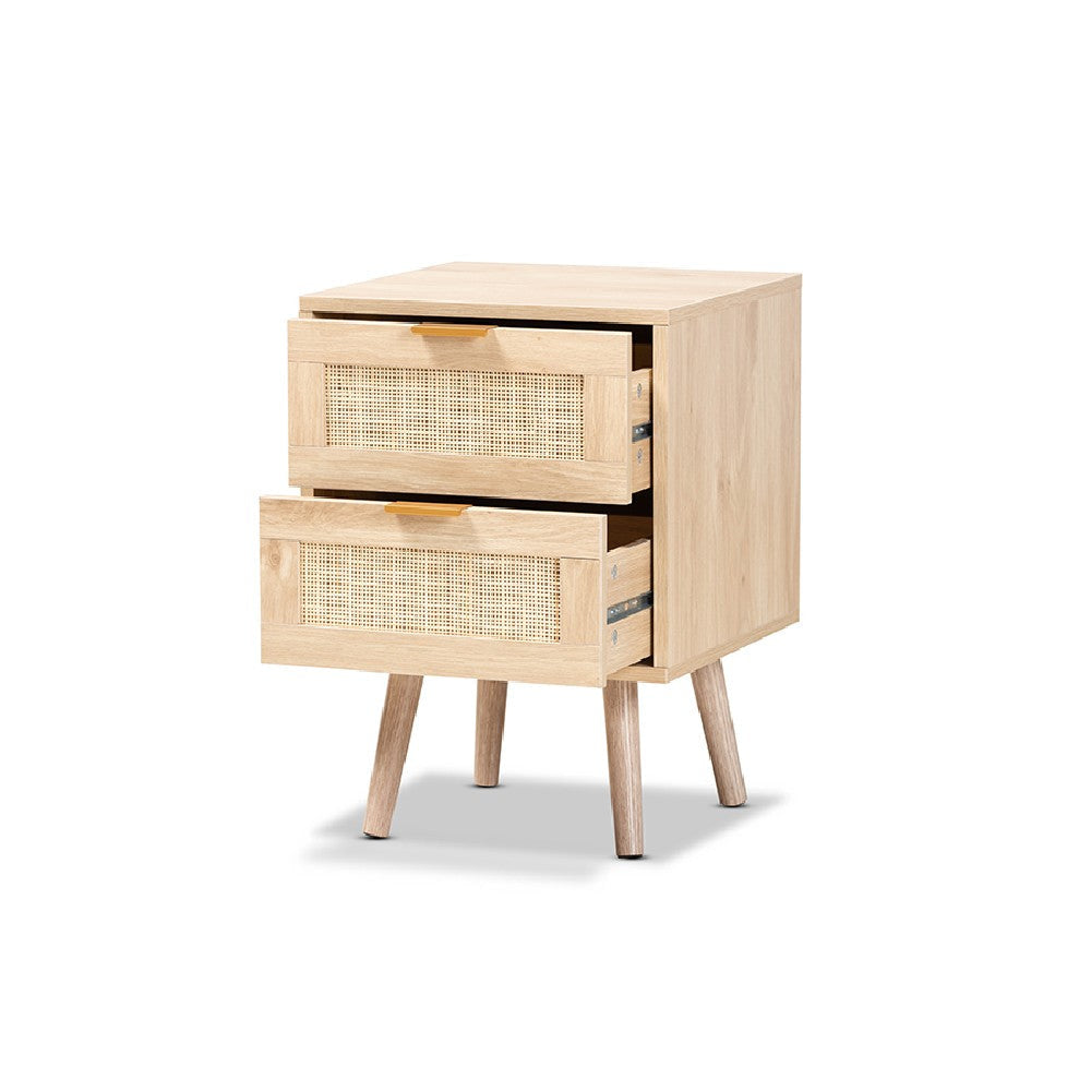 Baxton Studio Baird Mid-Century Modern Light Oak Brown Finished Wood and Rattan 2-Drawer End Table WHI-SR196128-Rattan-ET