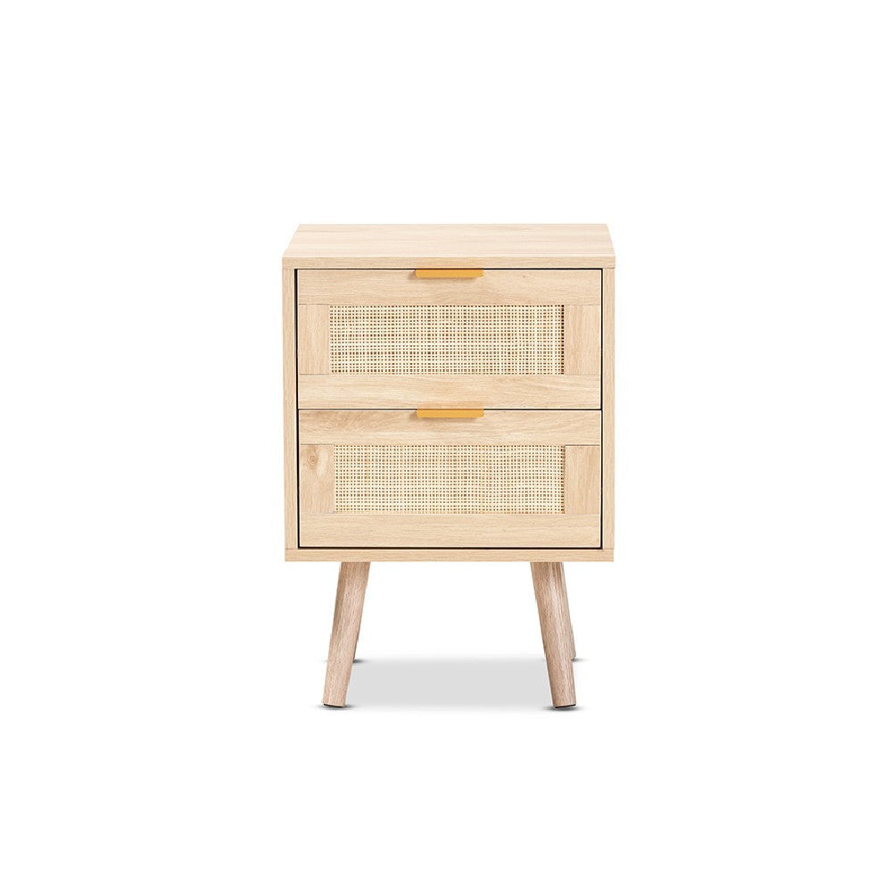 Baxton Studio Baird Mid-Century Modern Light Oak Brown Finished Wood and Rattan 2-Drawer End Table WHI-SR196128-Rattan-ET