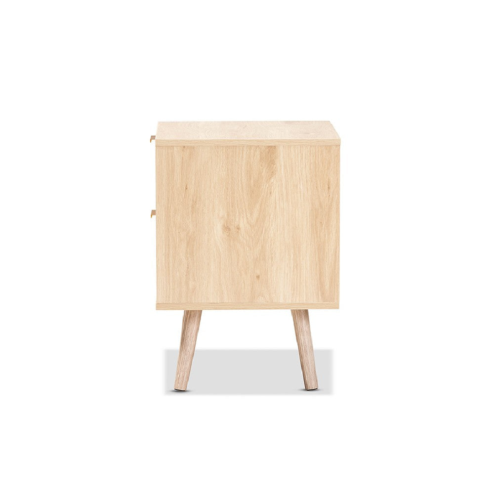 Baxton Studio Baird Mid-Century Modern Light Oak Brown Finished Wood and Rattan 2-Drawer End Table WHI-SR196128-Rattan-ET