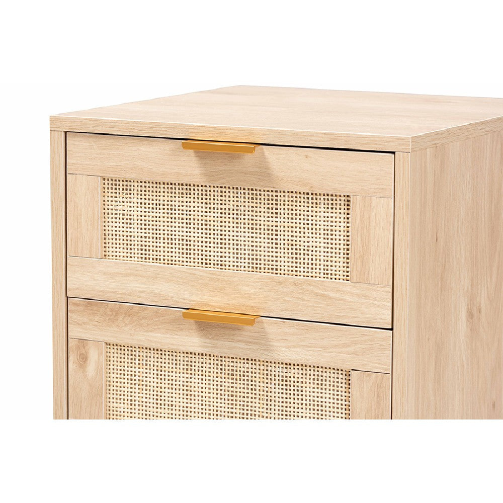 Baxton Studio Baird Mid-Century Modern Light Oak Brown Finished Wood and Rattan 2-Drawer End Table WHI-SR196128-Rattan-ET