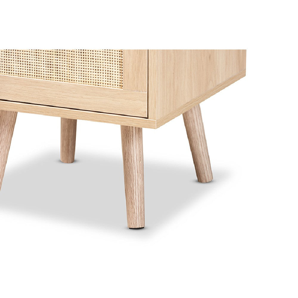Baxton Studio Baird Mid-Century Modern Light Oak Brown Finished Wood and Rattan 2-Drawer End Table WHI-SR196128-Rattan-ET