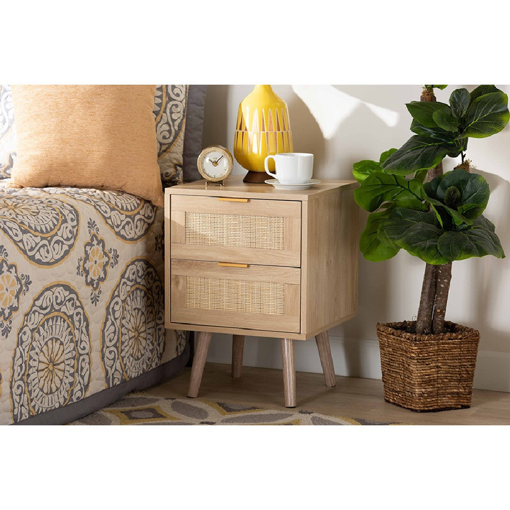 Baxton Studio Baird Mid-Century Modern Light Oak Brown Finished Wood and Rattan 2-Drawer End Table WHI-SR196128-Rattan-ET