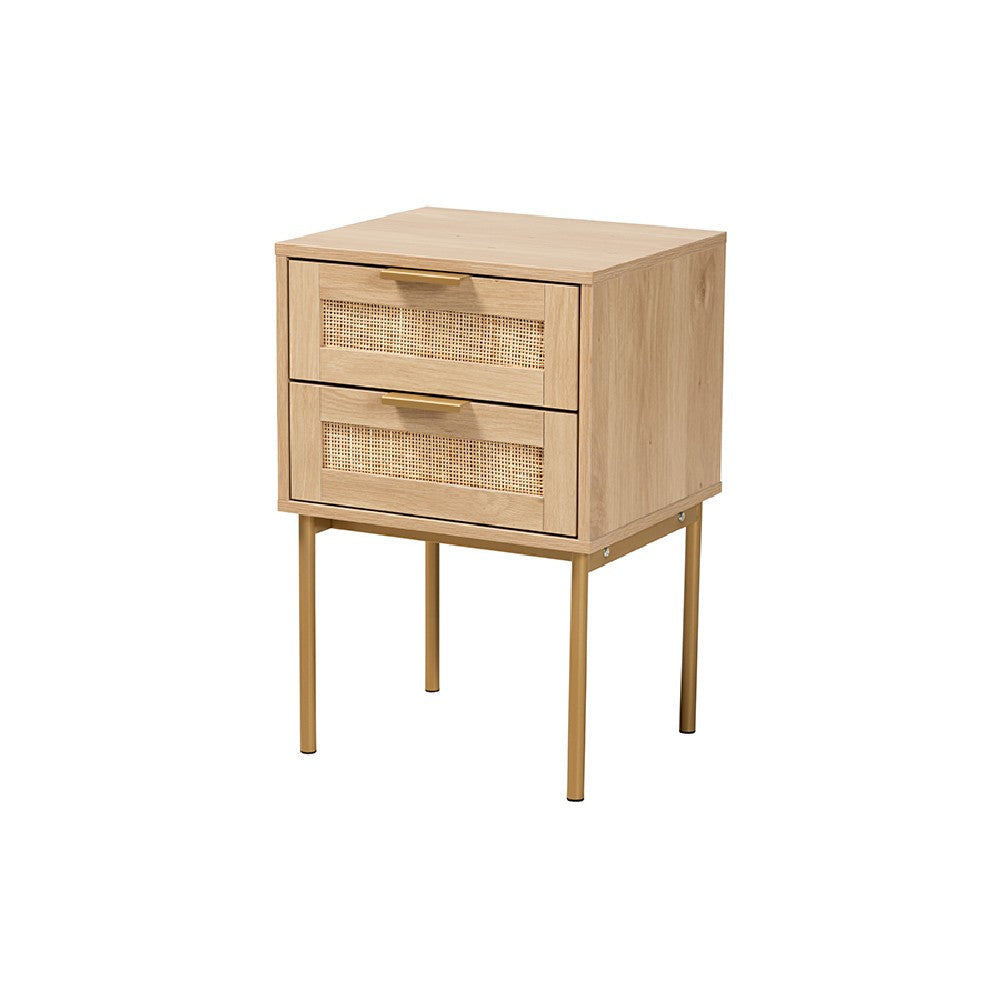 Baxton Studio Dewitt Japandi Light Brown Finished Wood and Gold Metal 2-Drawer End Table WHI-SR221132-Wooden-ET