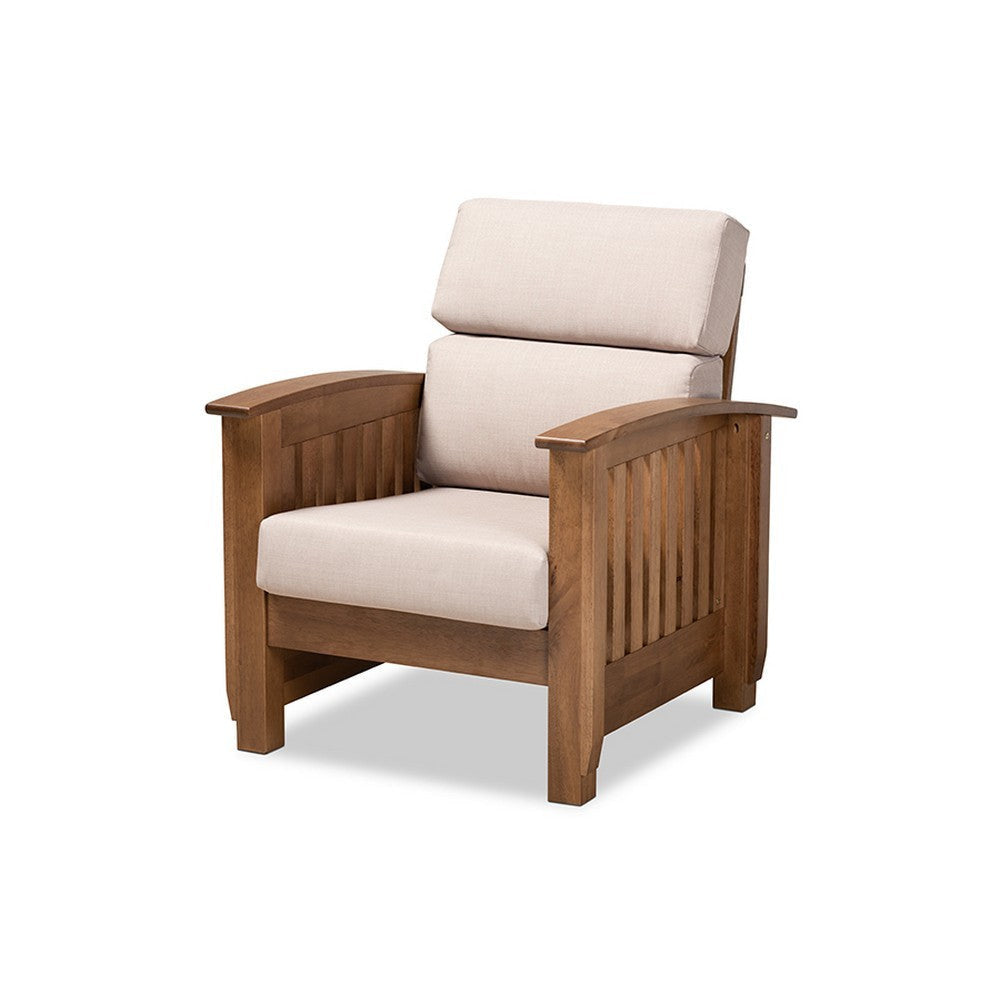 Baxton Studio Charlotte Modern Classic Mission Style Taupe Fabric Upholstered Walnut Brown Finished Wood 1-Seater Lounge Chair