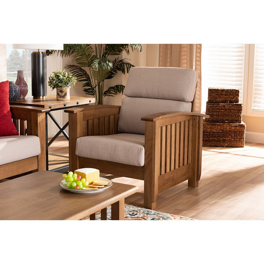 Baxton Studio Charlotte Modern Classic Mission Style Taupe Fabric Upholstered Walnut Brown Finished Wood 1-Seater Lounge Chair