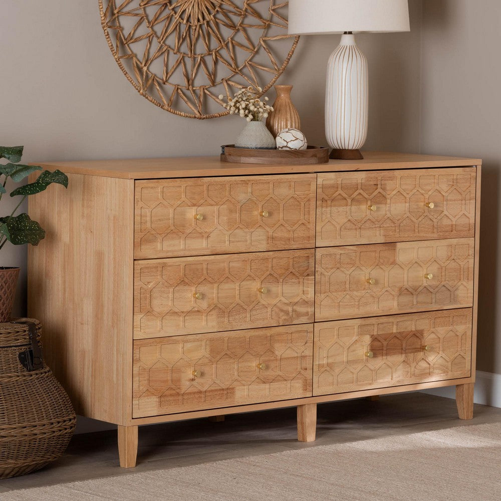 Baxton Studio Hosea Japandi Carved Honeycomb Natural 6-Drawer Dresser WHI-SW8000-61D6D-6DW-Natural-Dresser