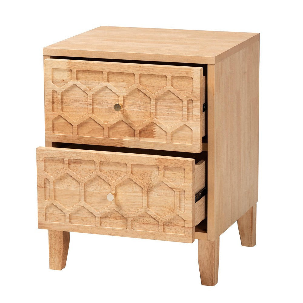 Baxton Studio Hosea Japandi Carved Honeycomb Natural 2-Drawer Nightstand WHI-SW8000-61NS2D-2DW-Natural-Nightstand
