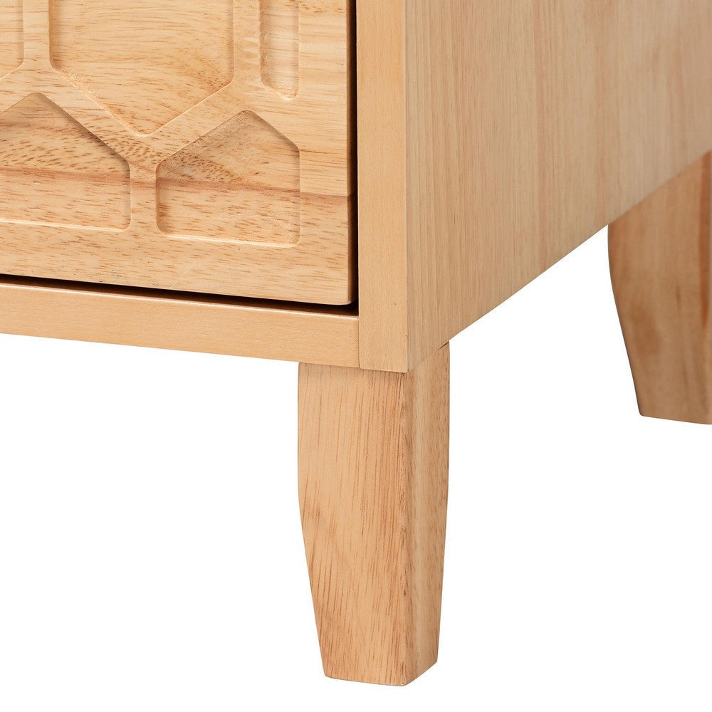 Baxton Studio Hosea Japandi Carved Honeycomb Natural 2-Drawer Nightstand WHI-SW8000-61NS2D-2DW-Natural-Nightstand