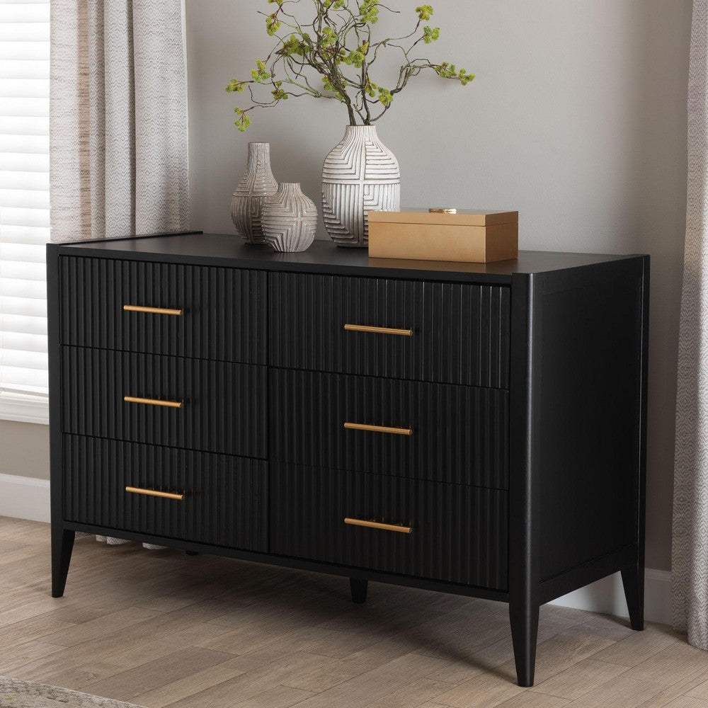 Baxton Studio Primrose Mid-Century Black Fluted Wood 6-Drawer Dresser WHI-SW8000-66D6D-6DW-Black-Dresser