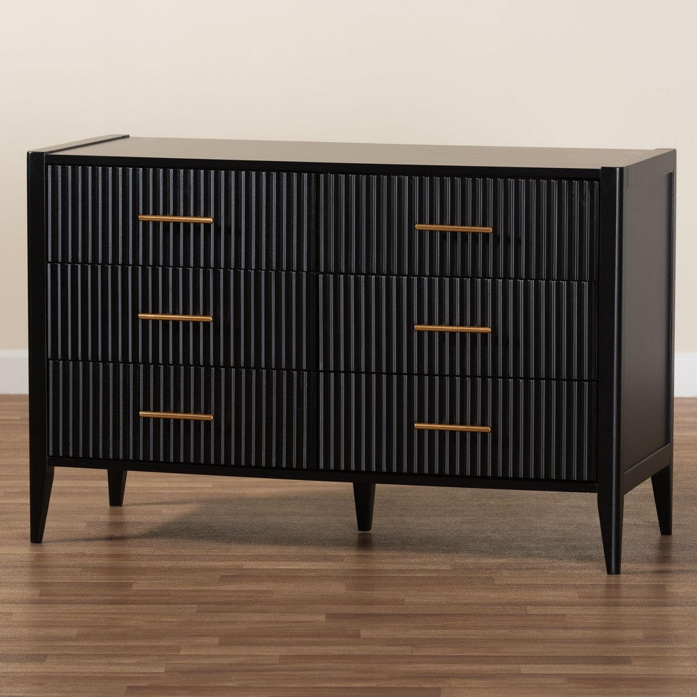 Baxton Studio Primrose Mid-Century Black Fluted Wood 6-Drawer Dresser