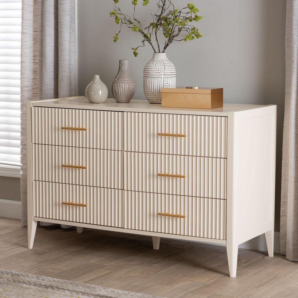 Baxton Studio Primrose Mid-Century Ivory Fluted Wood 6-Drawer Dresser WHI-SW8000-66D6D-6DW-Ivory-Dresser