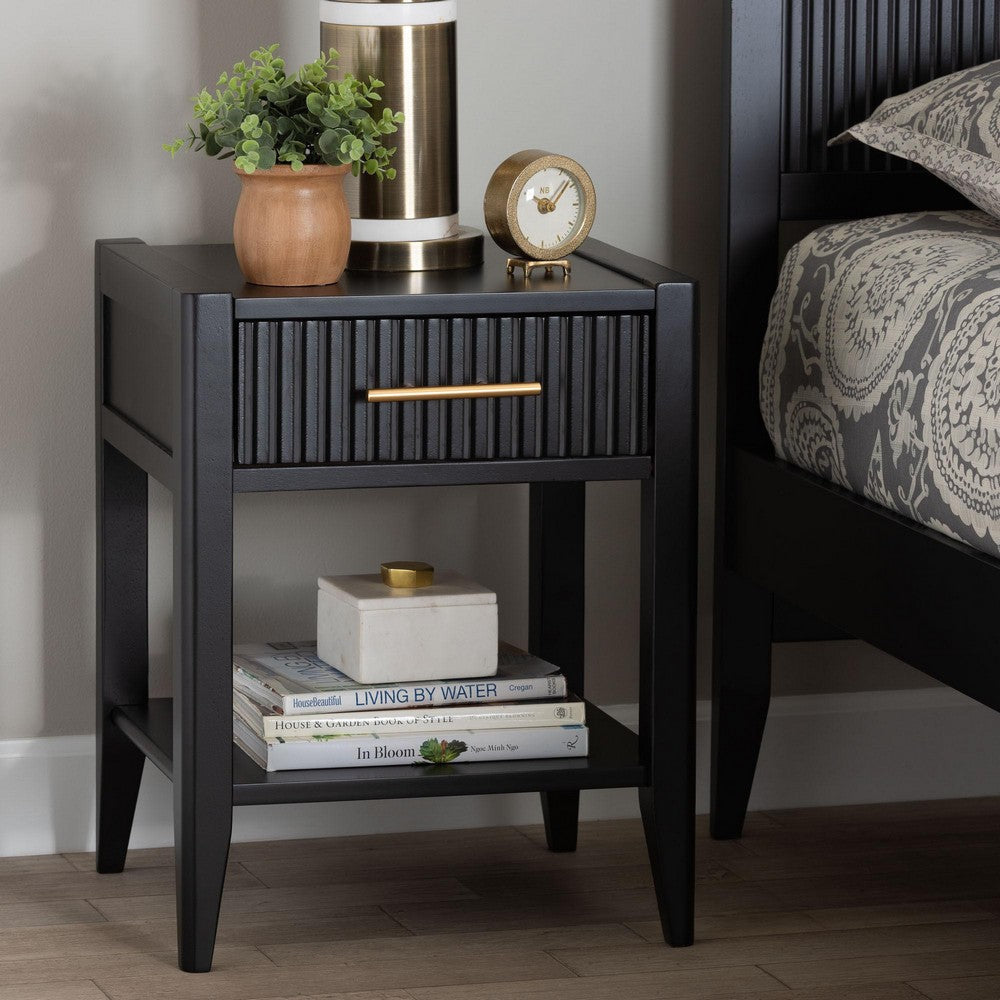 Baxton Studio Primrose Mid-Century Black Fluted Wood 1-Drawer Nightstand WHI-SW8000-66NS-Black-NS