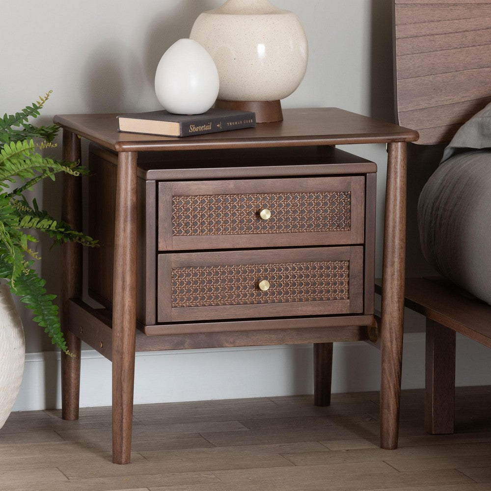 Baxton Studio Alyssa Japandi Walnut Brown Wood 2-Drawer Nightstand Woven with Rattan WHI-SW8000-86NS-Walnut-Nightstand