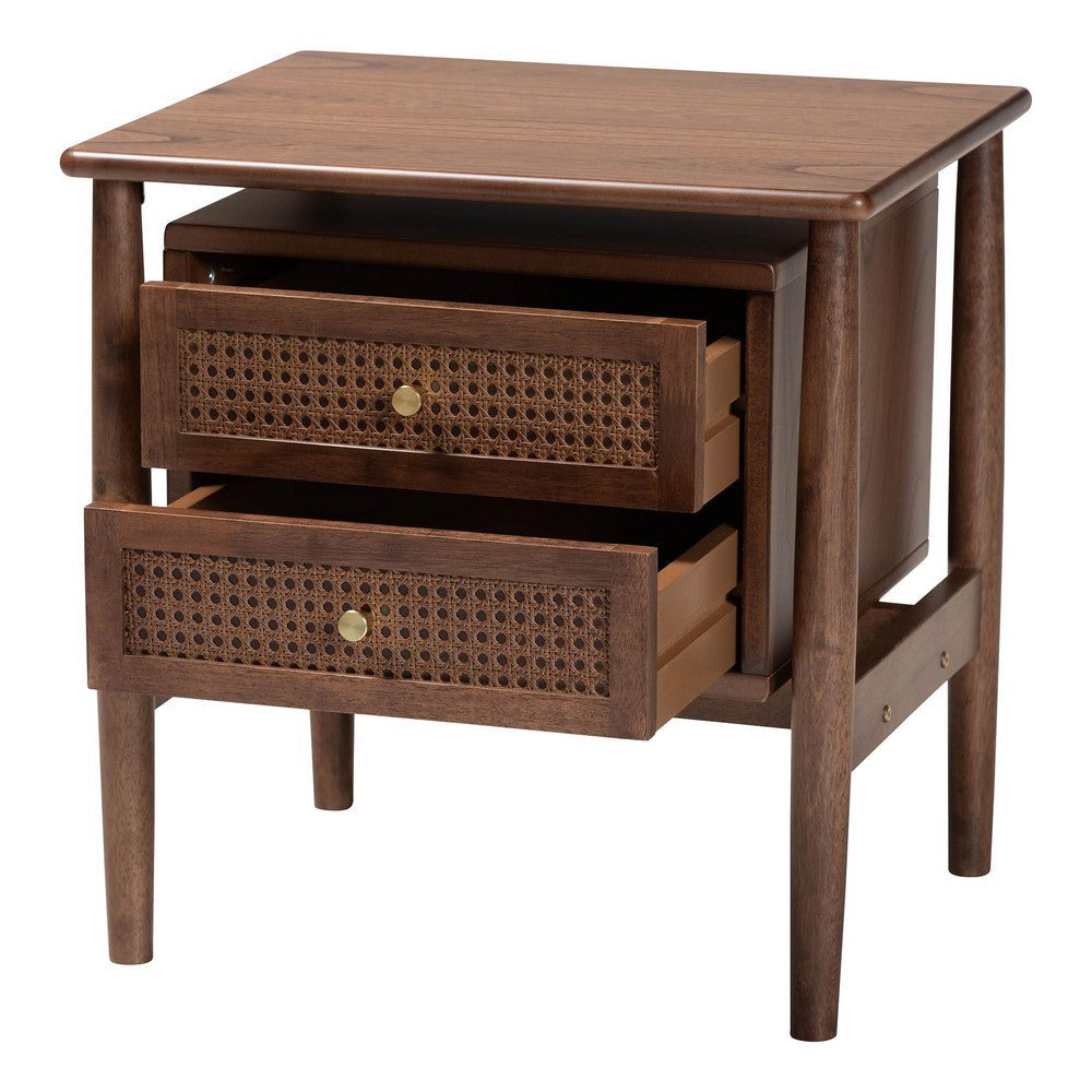 Baxton Studio Alyssa Japandi Walnut Brown Wood 2-Drawer Nightstand Woven with Rattan WHI-SW8000-86NS-Walnut-Nightstand
