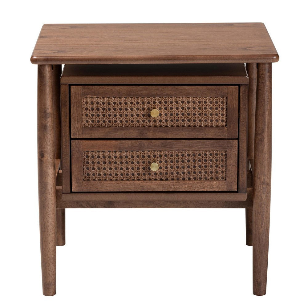 Baxton Studio Alyssa Japandi Walnut Brown Wood 2-Drawer Nightstand Woven with Rattan WHI-SW8000-86NS-Walnut-Nightstand