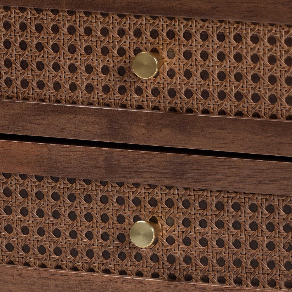 Baxton Studio Alyssa Japandi Walnut Brown Wood 2-Drawer Nightstand Woven with Rattan WHI-SW8000-86NS-Walnut-Nightstand