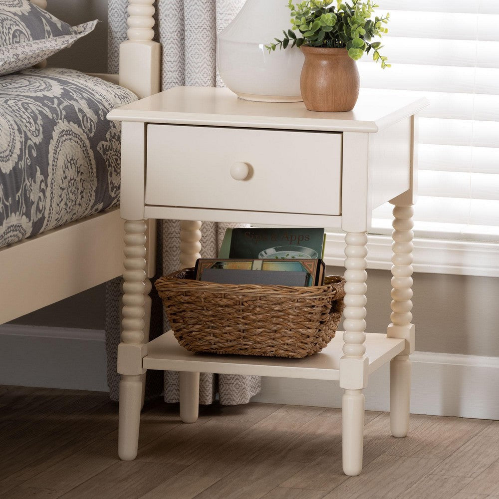 Baxton Studio Braith Farmhouse Ivory Spindle Wood 1-Drawer Nightstand WHI-SW8000-88NS-Ivory-NS