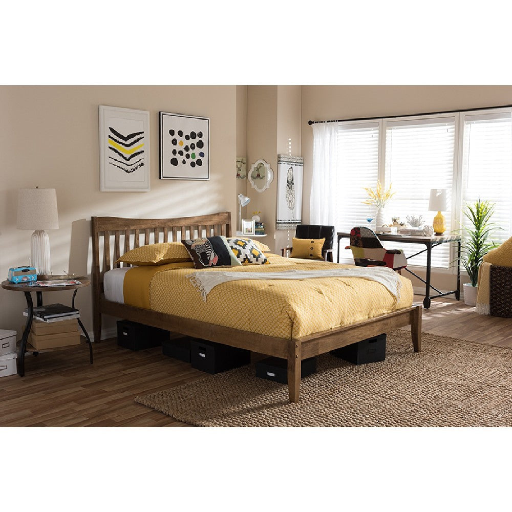 Baxton Studio Edeline Mid-Century Modern Solid Walnut Wood Curvaceous Slatted Queen Size Platform Bed