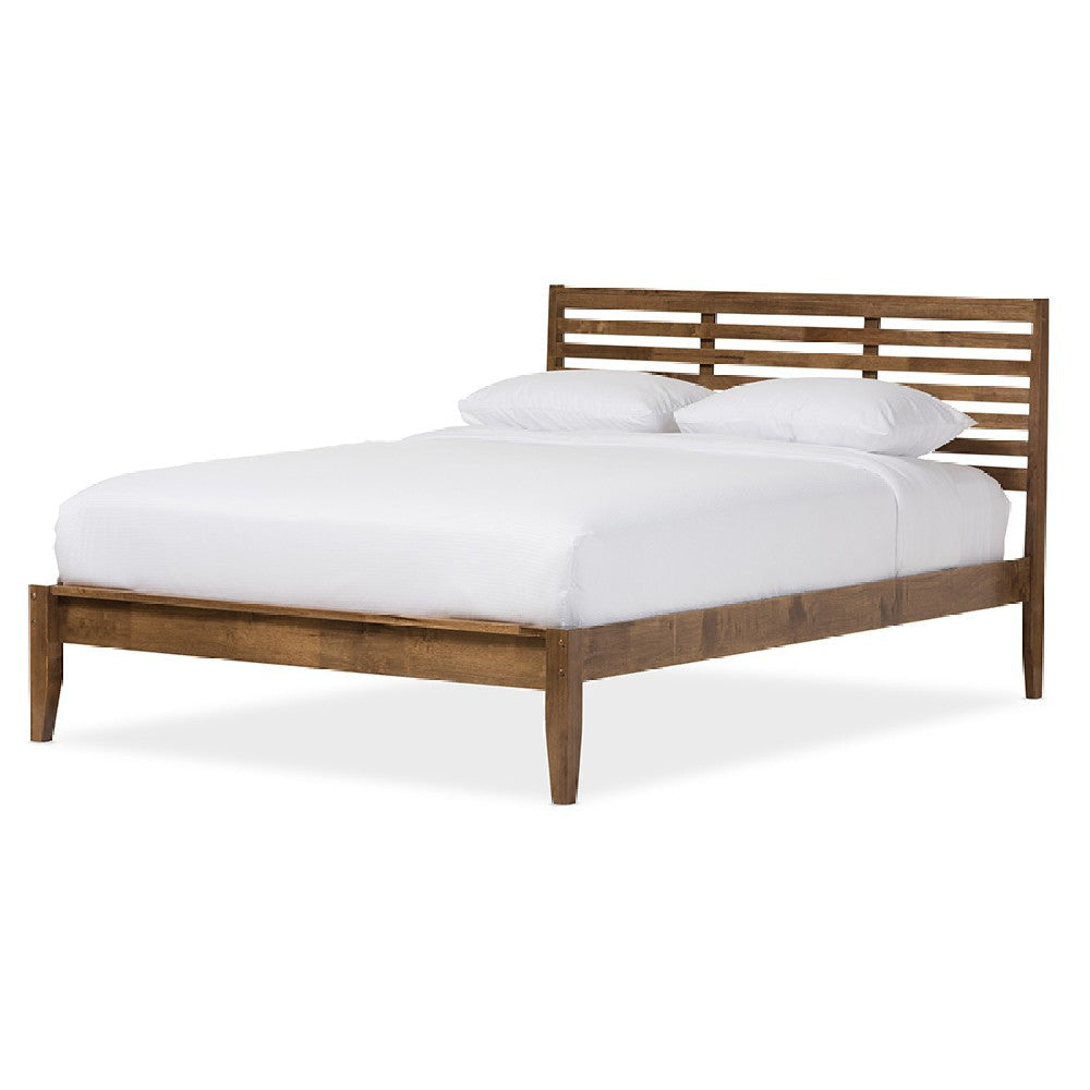 Baxton Studio Daylan Mid-Century Modern Solid Walnut Wood Slatted Queen Size Platform Bed WHI-SW8016-Walnut-M17-Queen
