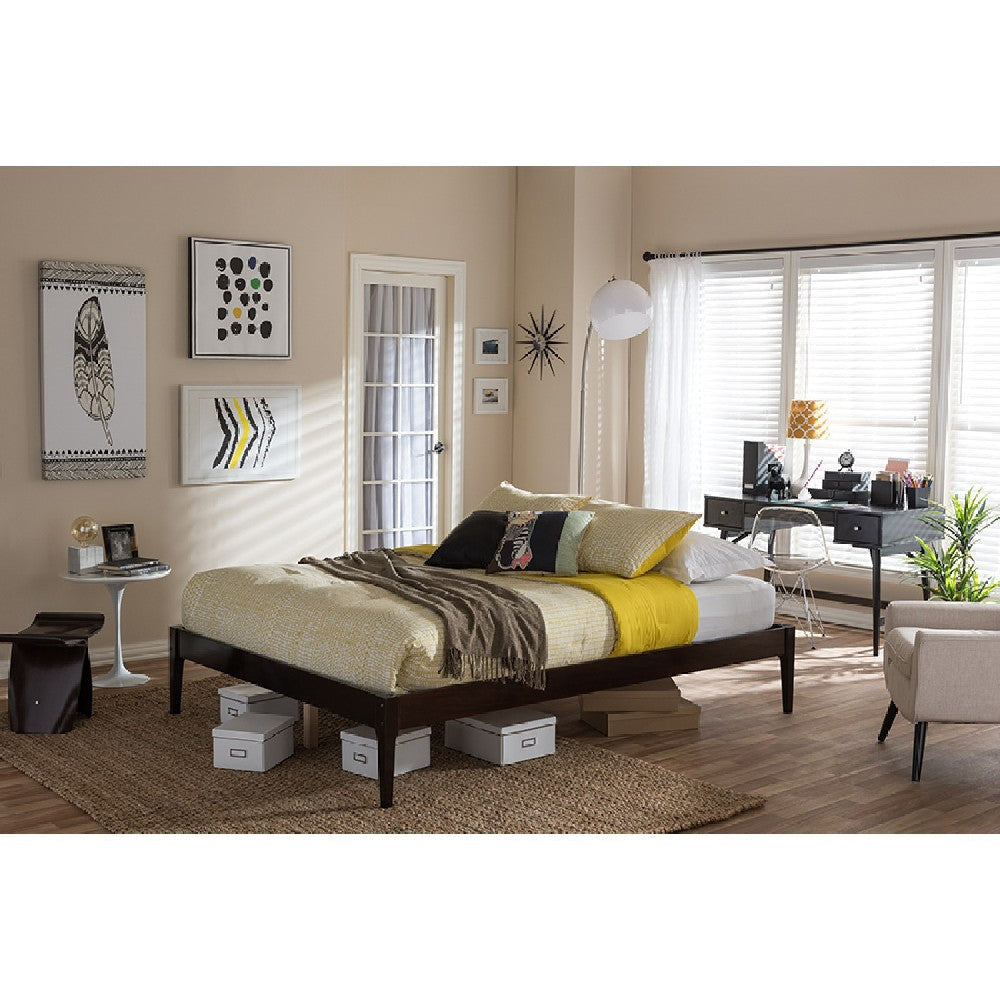 Baxton Studio Bentley Mid-Century Modern Cappuccino Finishing Solid Wood Queen Size Bed Frame