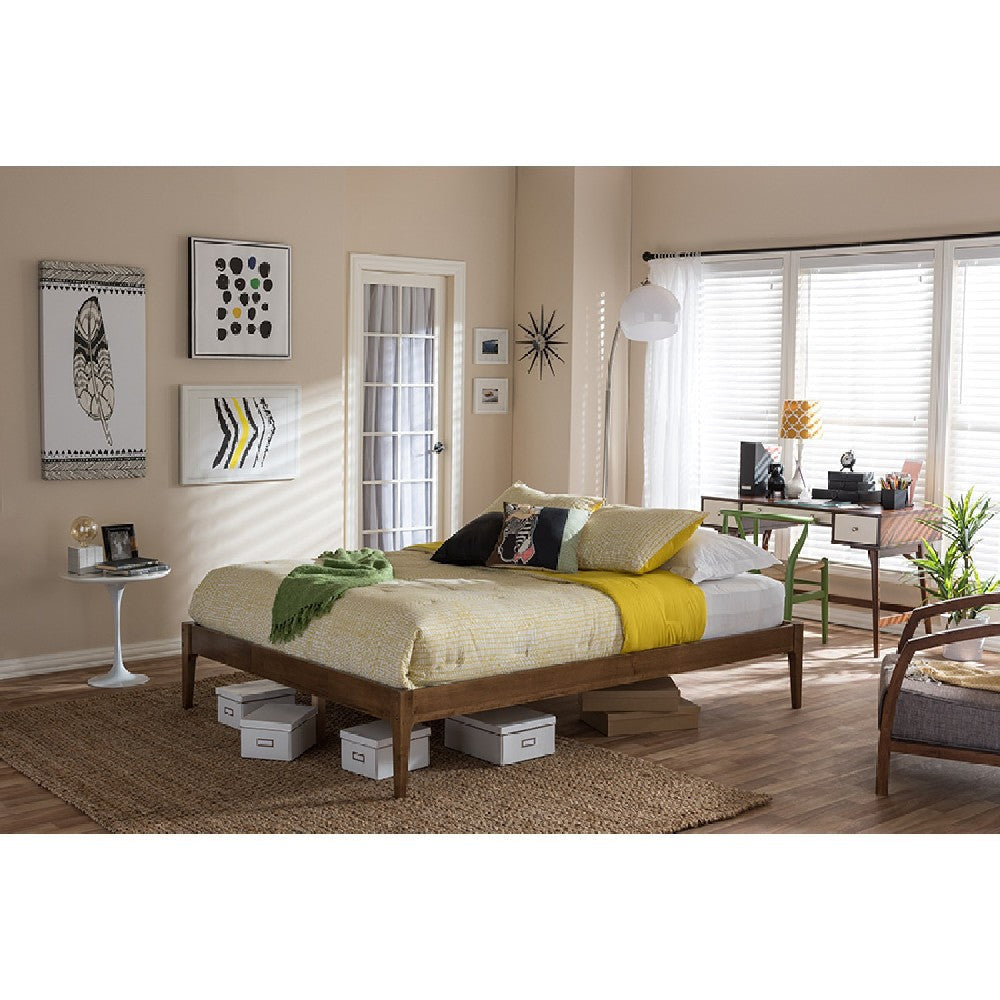 Baxton Studio Bentley Mid-Century Modern Walnut Finishing Solid Wood Queen Size Bed Frame