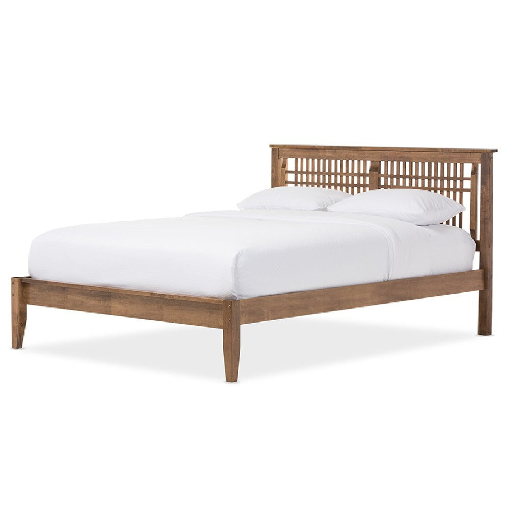 Baxton Studio Loafey Mid-Century Modern Solid Walnut Wood Window-Pane Style Full Size Platform Bed