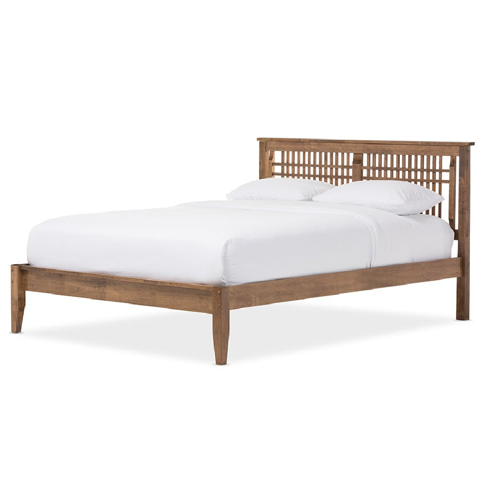Baxton Studio Loafey Mid-Century Modern Solid Walnut Wood Window-Pane Style Queen Size Platform Bed WHI-SW8028-Walnut-M17-Queen
