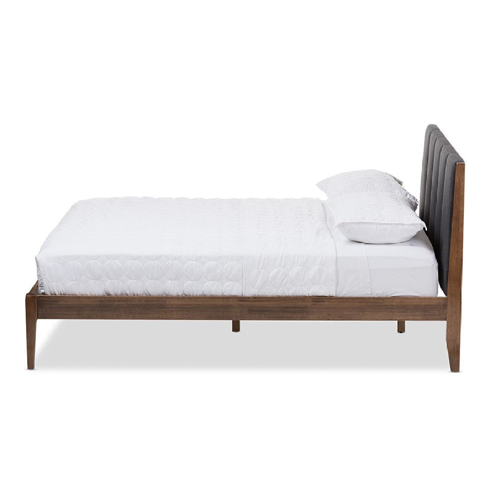 Baxton Studio Ember Mid-Century Dark Grey Fabric and Medium Brown Finish Wood Queen Size Platform Bed WHI-SW8063-Grey-Walnut-M7-Queen