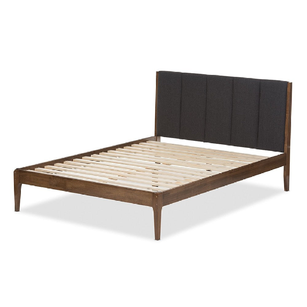 Baxton Studio Ember Mid-Century Dark Grey Fabric and Medium Brown Finish Wood Queen Size Platform Bed WHI-SW8063-Grey-Walnut-M7-Queen