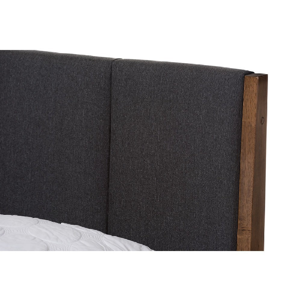 Baxton Studio Ember Mid-Century Dark Grey Fabric and Medium Brown Finish Wood Queen Size Platform Bed WHI-SW8063-Grey-Walnut-M7-Queen