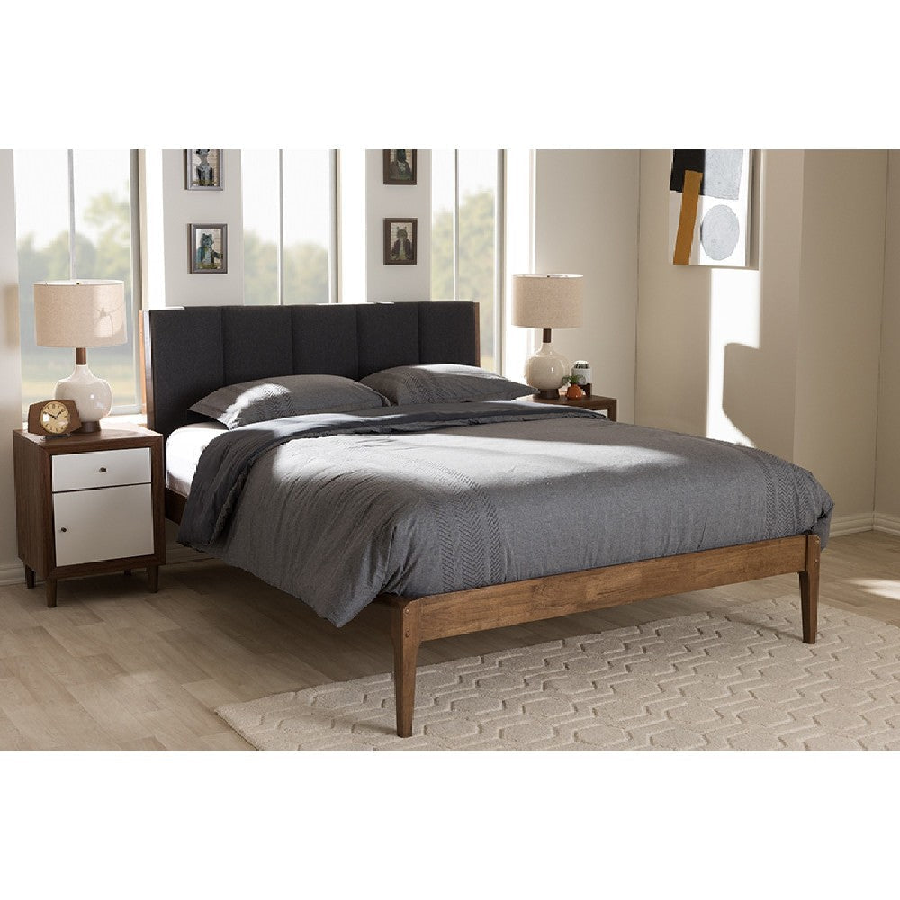 Baxton Studio Ember Mid-Century Dark Grey Fabric and Medium Brown Finish Wood Queen Size Platform Bed WHI-SW8063-Grey-Walnut-M7-Queen