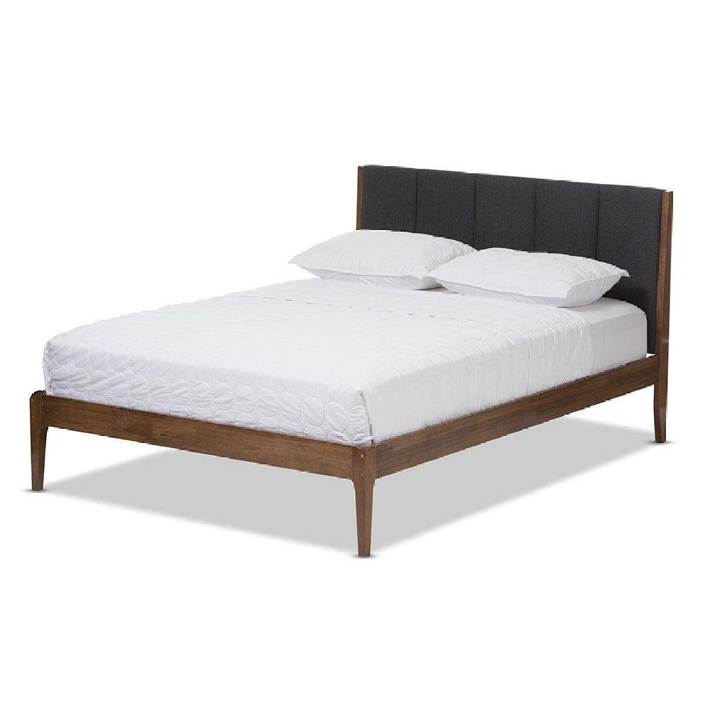 Baxton Studio Ember Mid-Century Dark Grey Fabric and Medium Brown Finish Wood Queen Size Platform Bed WHI-SW8063-Grey-Walnut-M7-Queen