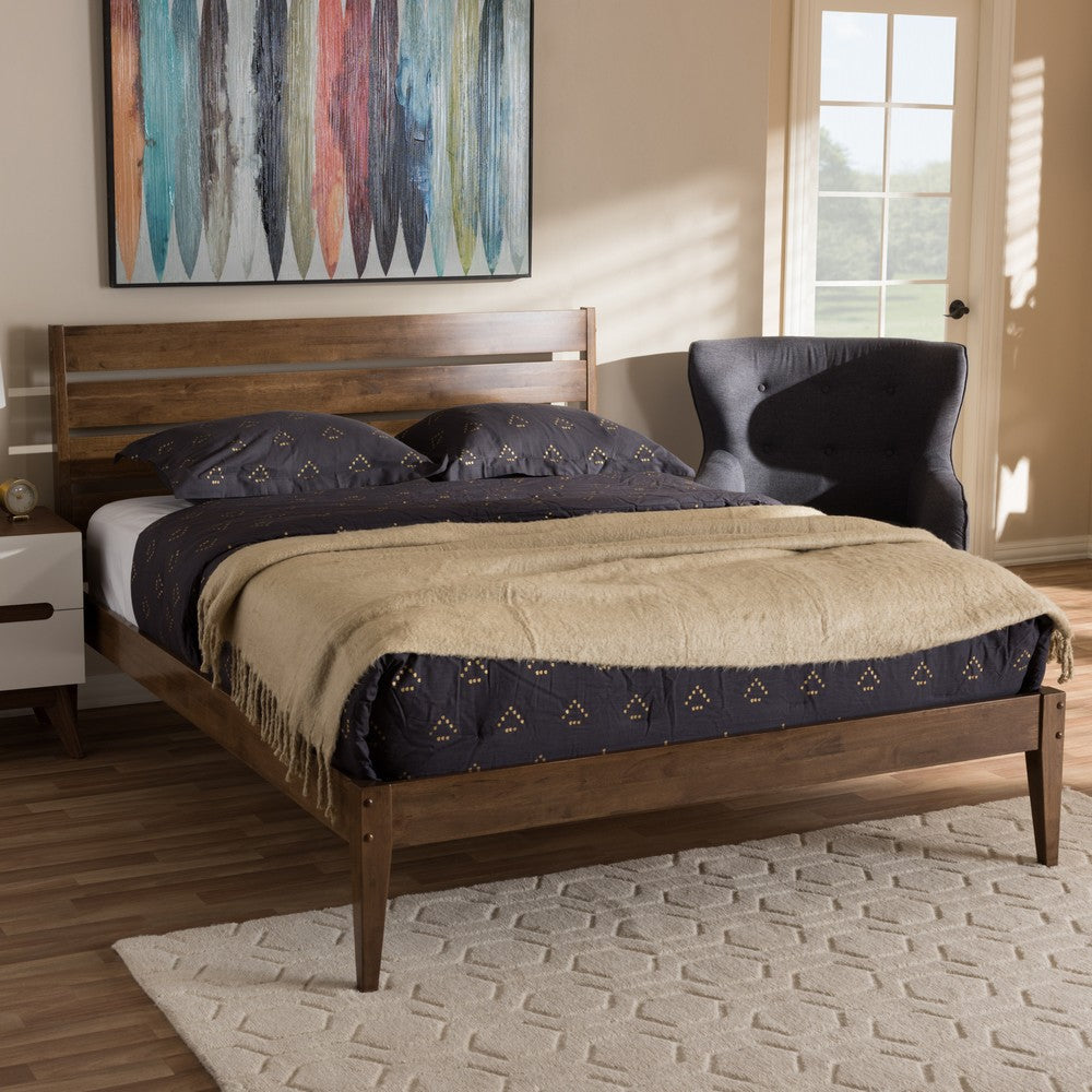 Baxton Studio Elmdon Mid-Century Modern Solid Walnut Wood Slatted Headboard Style King Size Platform Bed WHI-SW8066-Walnut-M17-King