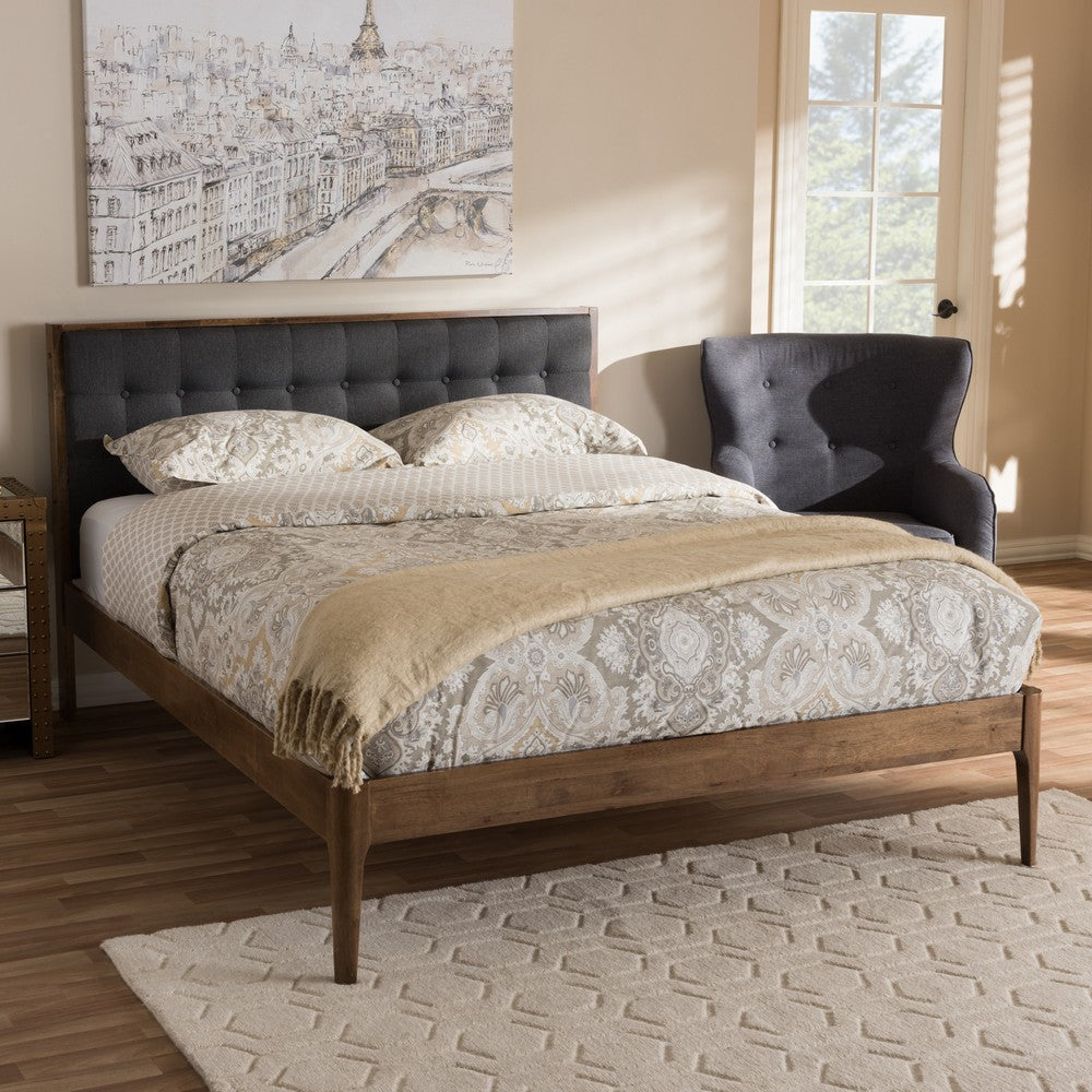 Baxton Studio Jupiter Mid-Century Modern Grey Fabric Upholstered Button-Tufted King Size Platform Bed WHI-SW8085-Walnut-M17-King