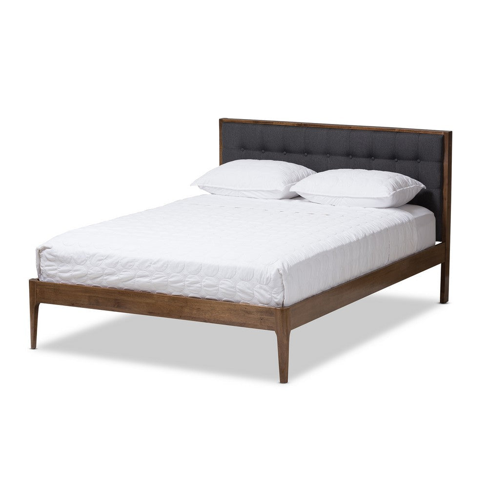 Baxton Studio Jupiter Mid-Century Modern Grey Fabric Upholstered Button-Tufted King Size Platform Bed WHI-SW8085-Walnut-M17-King