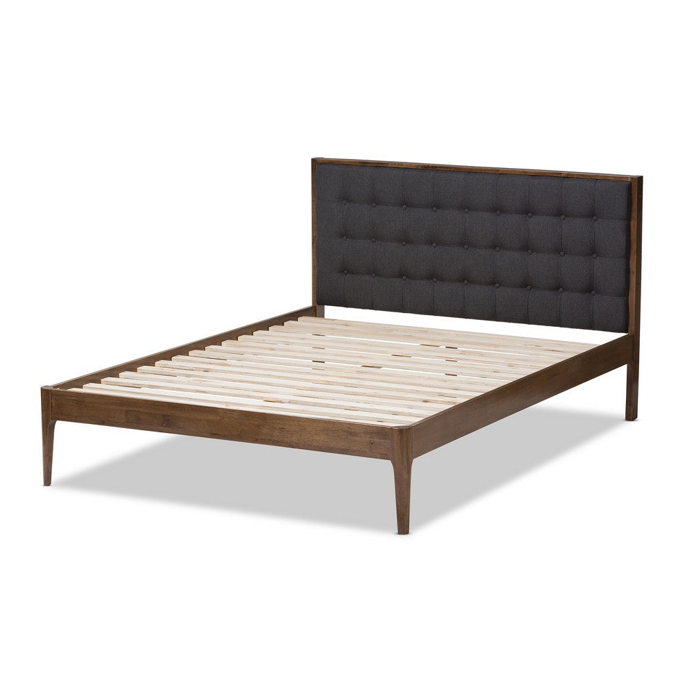 Baxton Studio Jupiter Mid-Century Modern Grey Fabric Upholstered Button-Tufted King Size Platform Bed WHI-SW8085-Walnut-M17-King