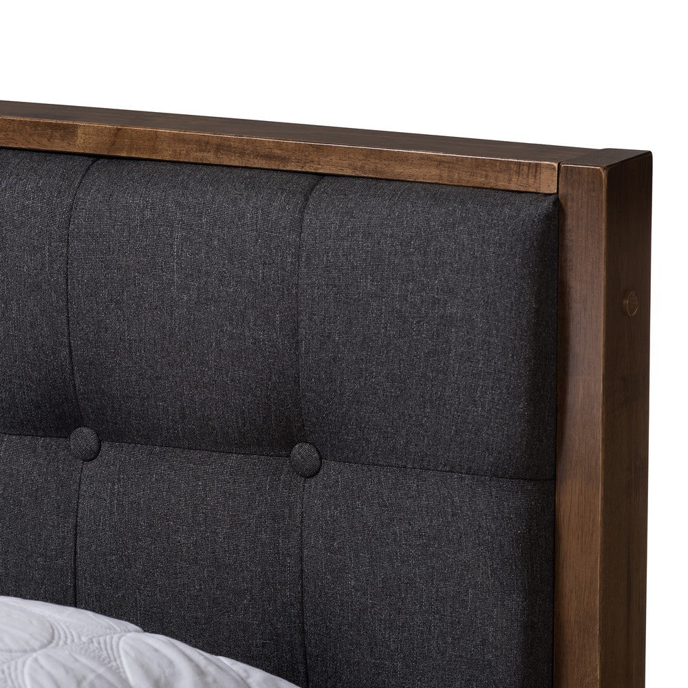 Baxton Studio Jupiter Mid-Century Modern Grey Fabric Upholstered Button-Tufted King Size Platform Bed WHI-SW8085-Walnut-M17-King