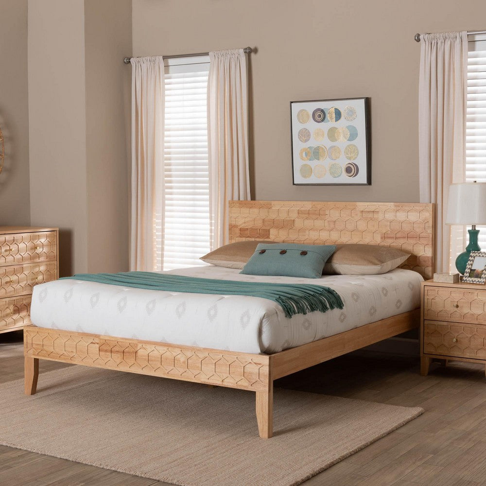 Baxton Studio Hosea Japandi Carved Honeycomb Natural Queen Size Platform Bed WHI-SW8588-Natural-Queen