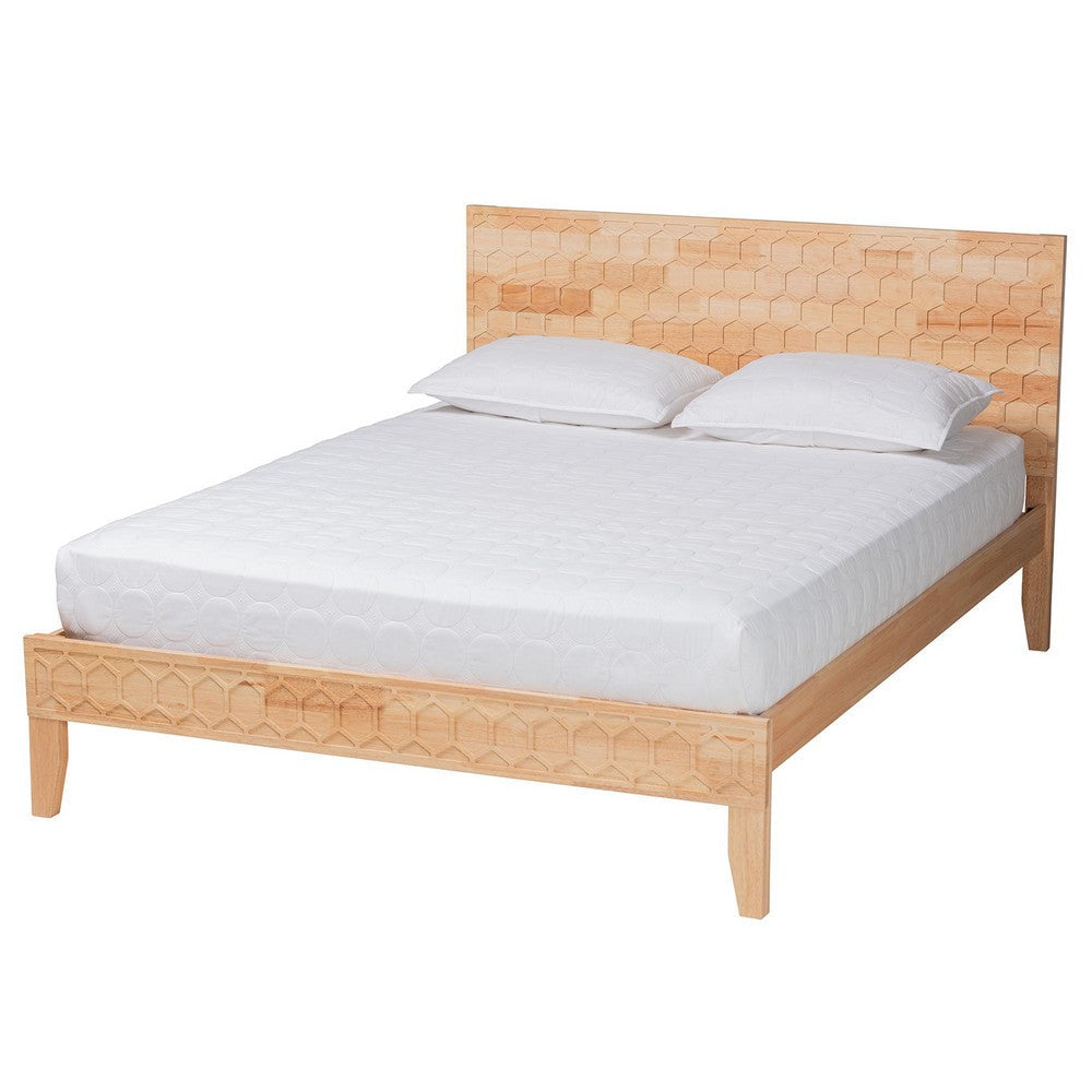 Baxton Studio Hosea Japandi Carved Honeycomb Natural Queen Size Platform Bed WHI-SW8588-Natural-Queen