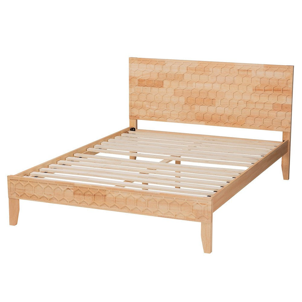 Baxton Studio Hosea Japandi Carved Honeycomb Natural Queen Size Platform Bed WHI-SW8588-Natural-Queen
