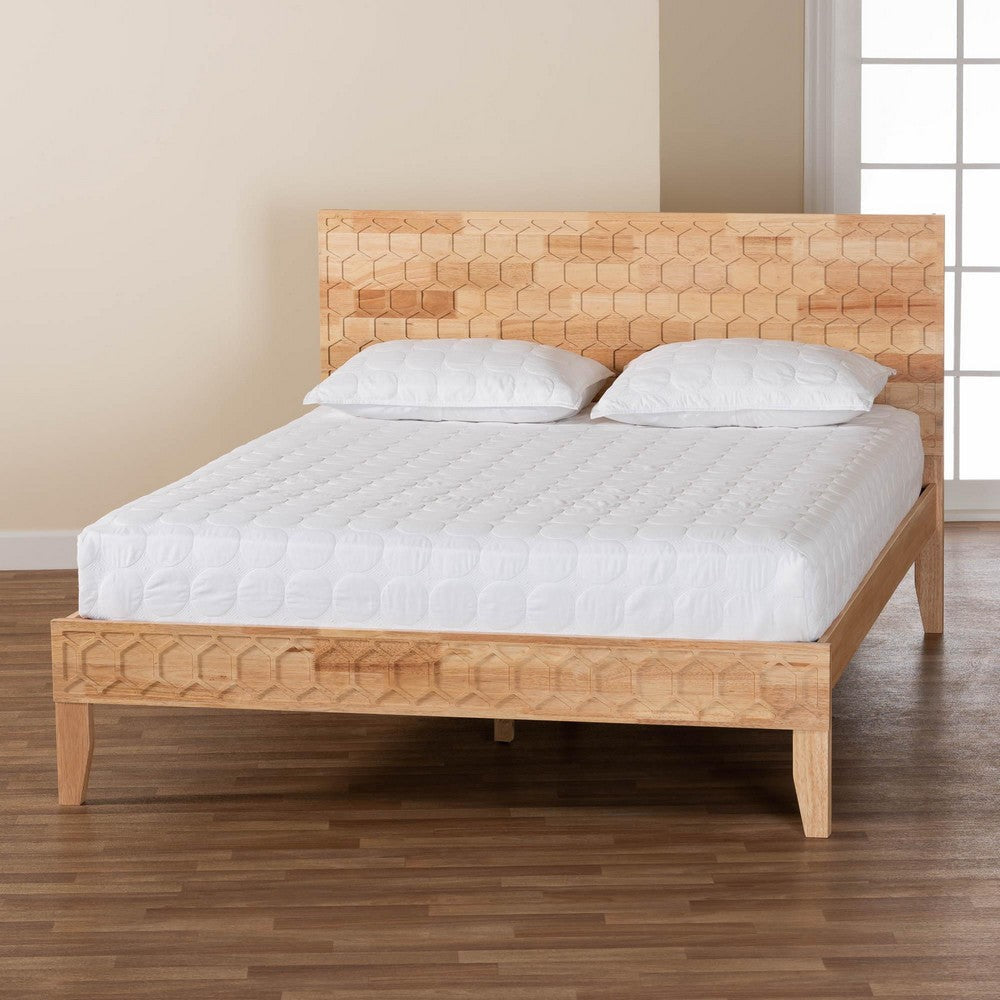 Baxton Studio Hosea Japandi Carved Honeycomb Natural Queen Size Platform Bed