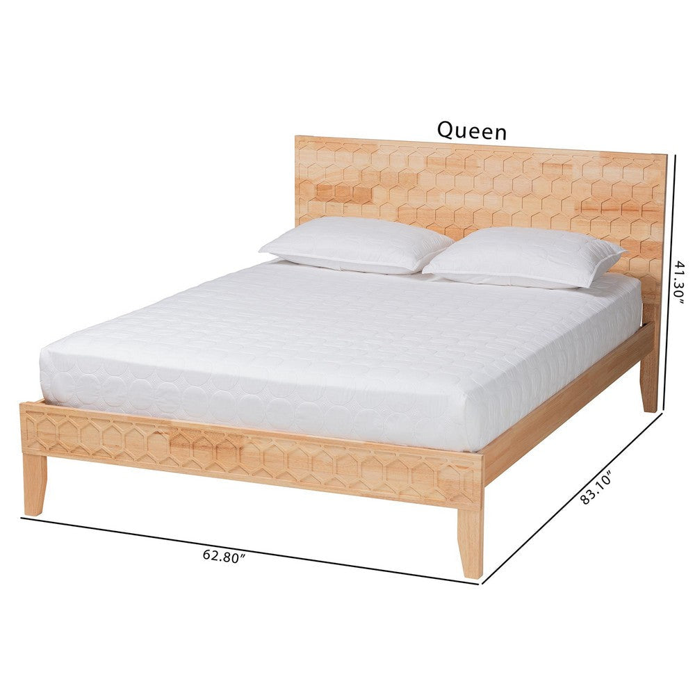 Baxton Studio Hosea Japandi Carved Honeycomb Natural Queen Size Platform Bed WHI-SW8588-Natural-Queen