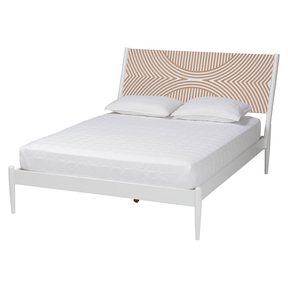 Baxton Studio Louetta Coastal White Queen Size Platform Bed with Carved Contrasting Headboard WHI-SW8591-White-Queen